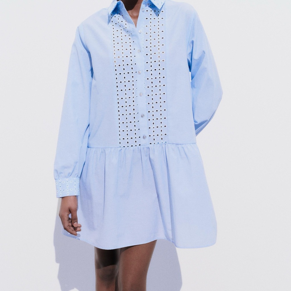 Zara Sky Blue Eyelet Long Sleeve Dress